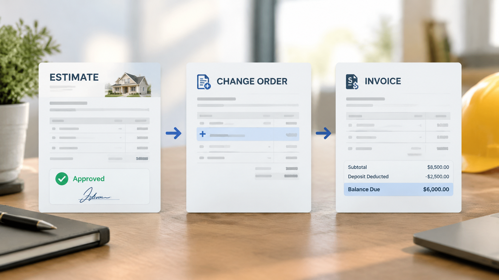 Estimate to invoice workflow with change orders and deposit
