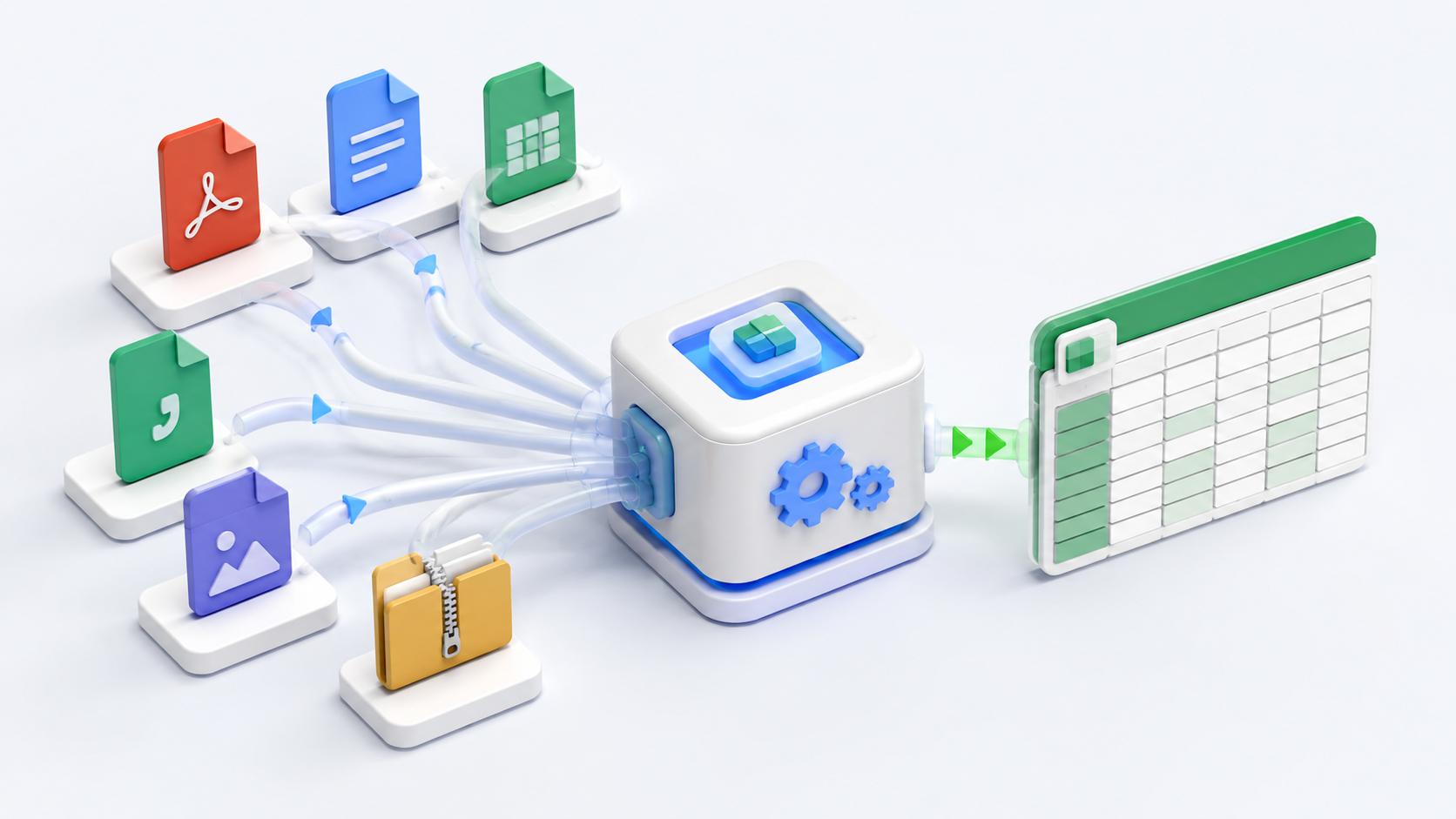 Batch upload of PDF, DOCX, XLSX, CSV, PNG, and ZIP files into one Excel output