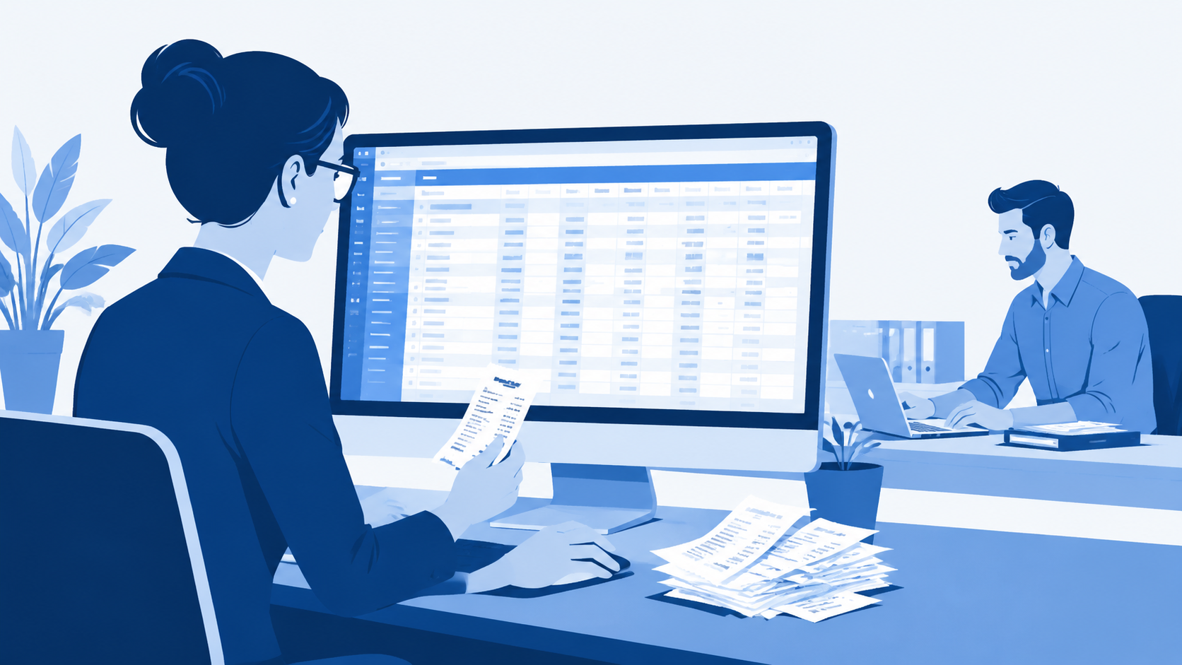 Finance professional reviewing scanned receipt data and bookkeeping exports